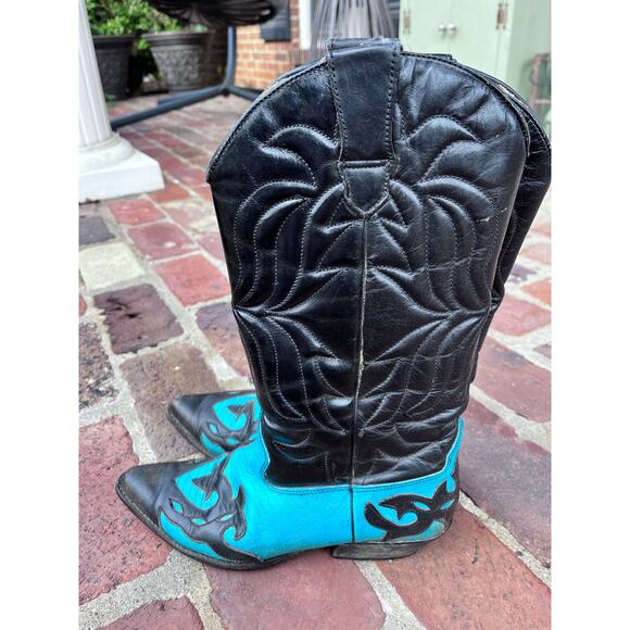 Vtg Sundance Flings Leather Teal Black Western Boots. See size measurements! - Picture 1 of 8